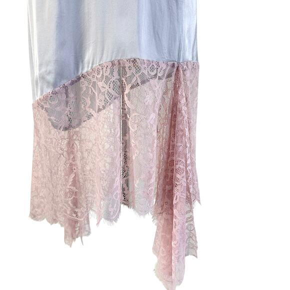 Anthropologie Asymmetrical Hem Lace Trim Silky Cami Midi Dress Silver Argent - Picture 8 of 14